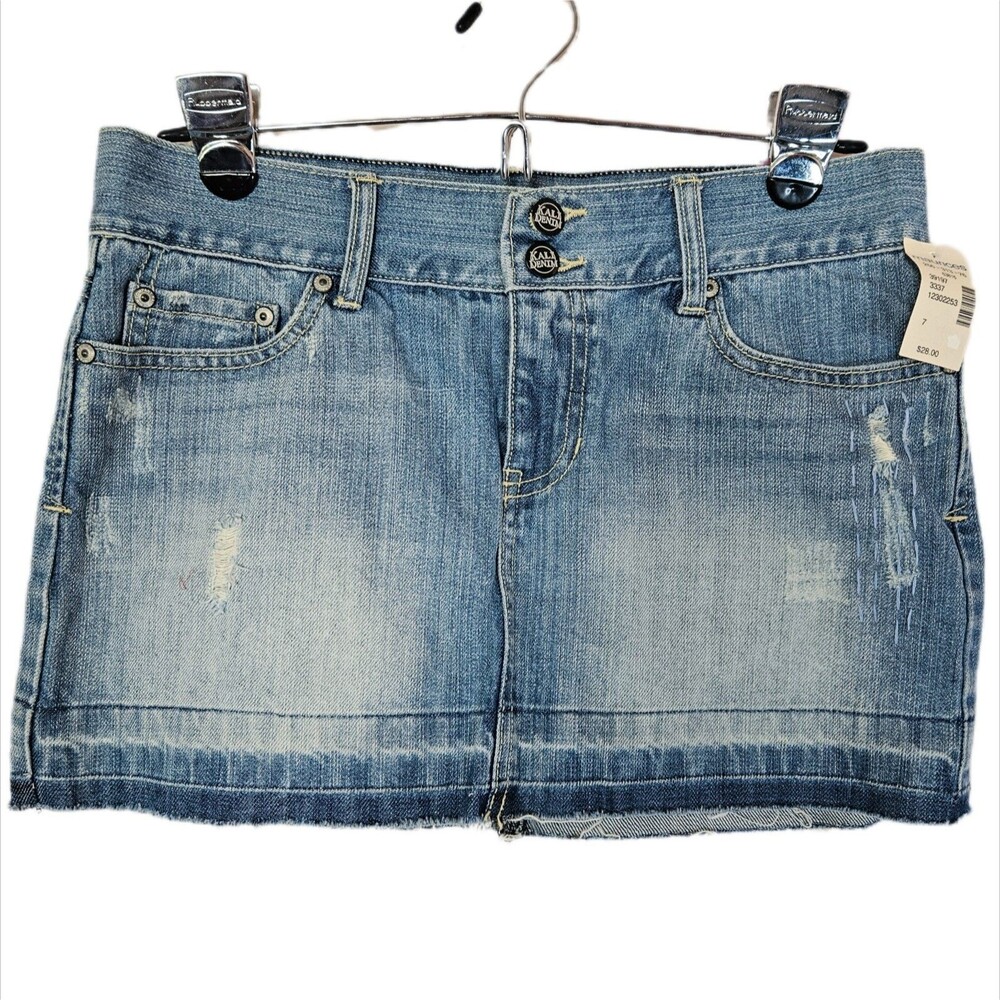 Kali Embellished Denim Mini Skirt Women's 7 Vintage Y2K Distressed Rhinestones